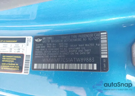 2010 Mini Cooper S from USA, damaged, VIN WMWMF7C51ATW89883